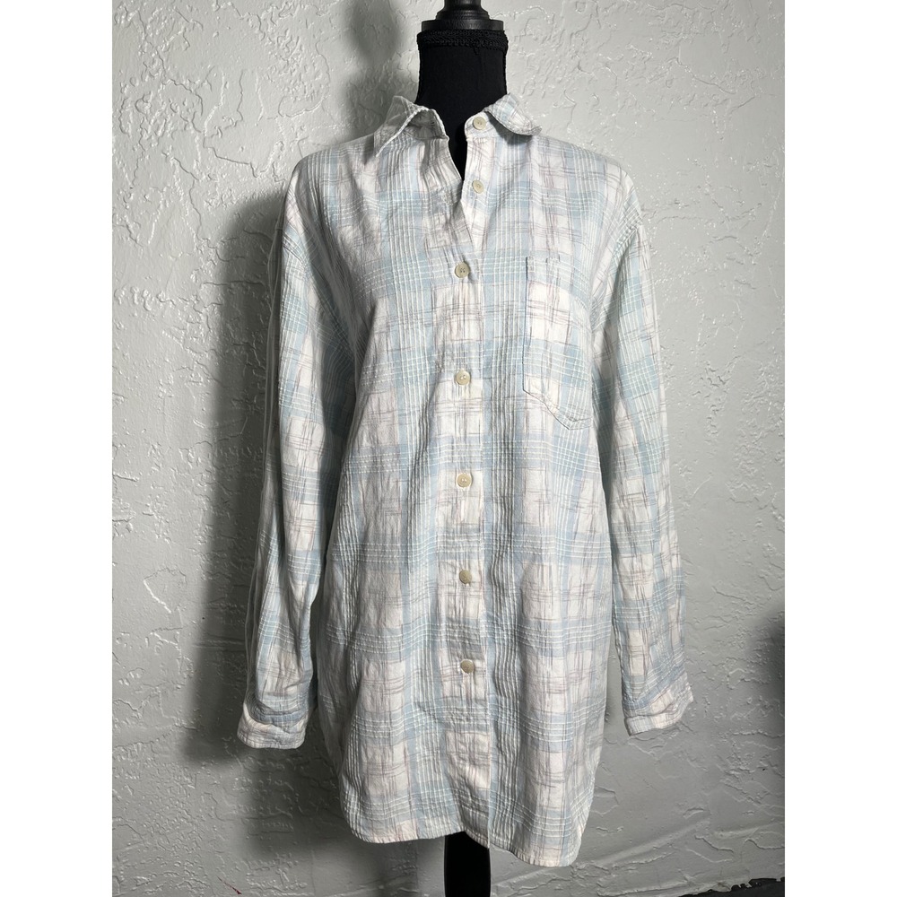 Lemon Grass Plaid Cotton Button Down Shirt Large Blue White Oversized